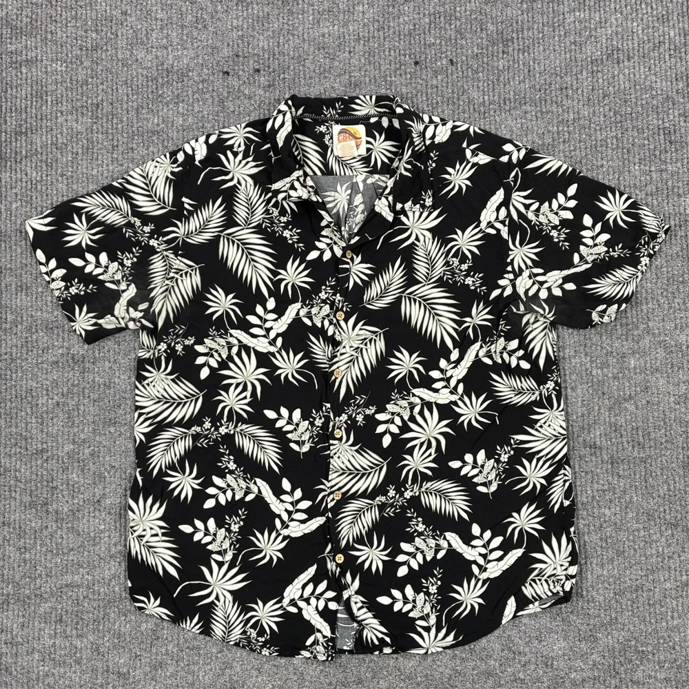 C&C California Hawaiian Camp Shirt Mens XL Black White Tropical Floral Button Up